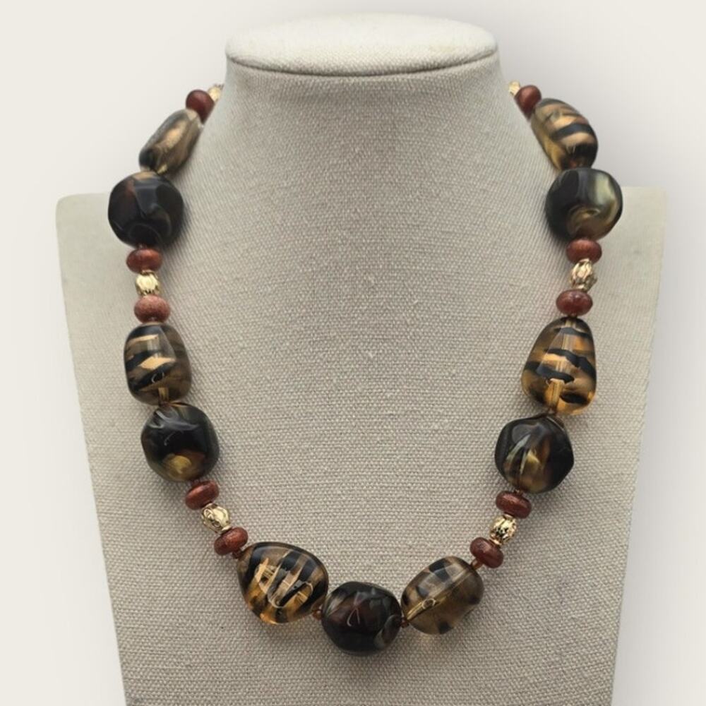 Brown & Gold Tiger Stripe Beaded Statement Necklace - Modern Chic